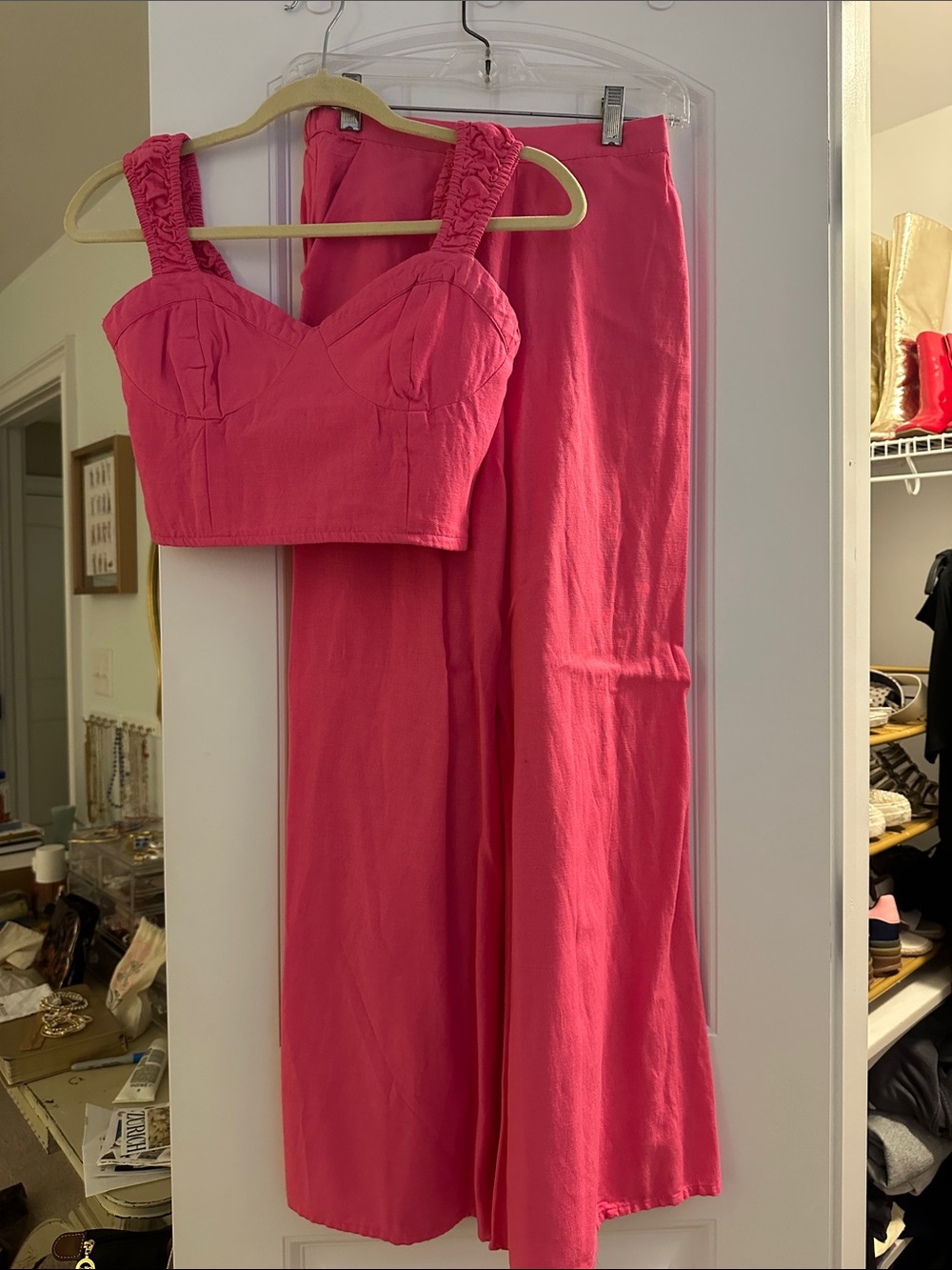 Women’s Straight Leg Pants & Cropped Bustier Set in Hot Pink